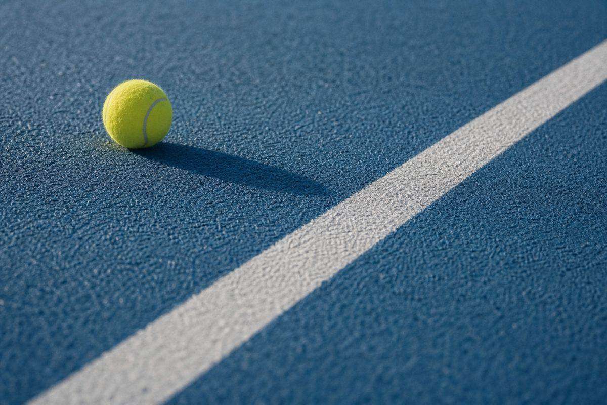 Blauer Hartplatz mit weißer Linie und Tennisball im Sonnenlicht