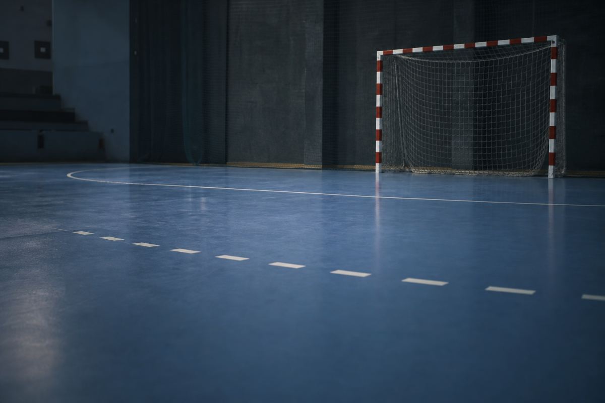 Leeres Handballfeld aus Bodenhöhe mit der geschwungenen Torraumlinie