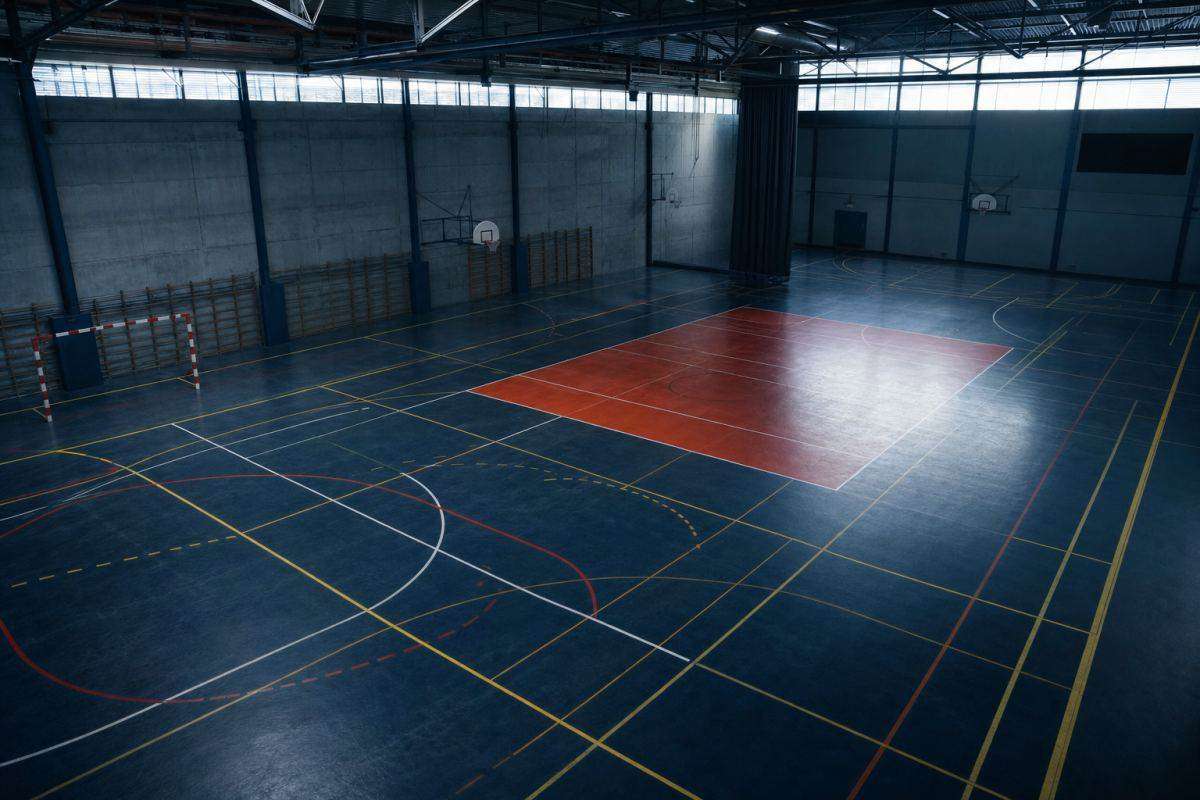 Leere Mehrzweckhalle mit den Linienmarkierungen mehrerer Sportarten auf dem Boden
