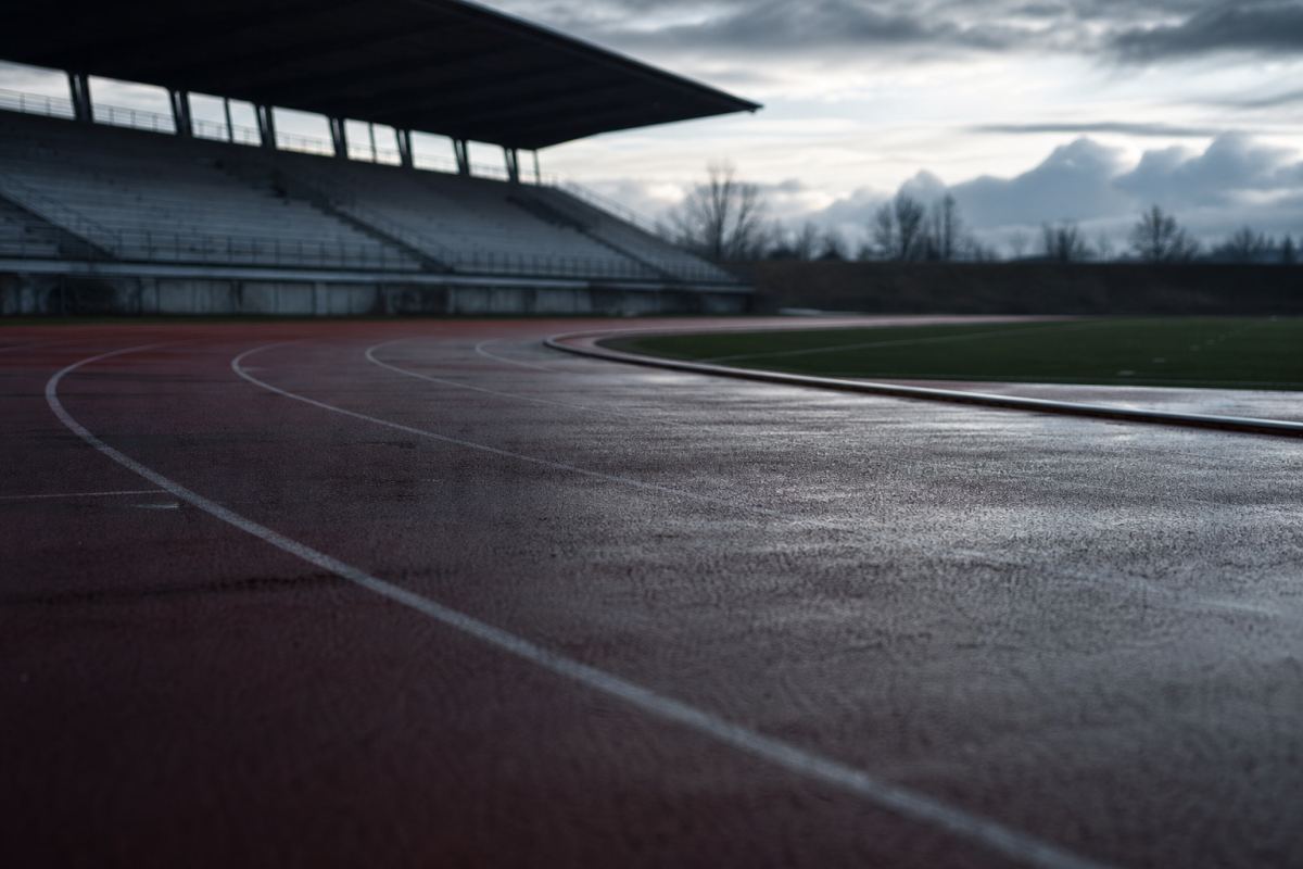 Leeres Leichtathletikstadion im ersten Morgenlicht mit Bahnmarkierungen