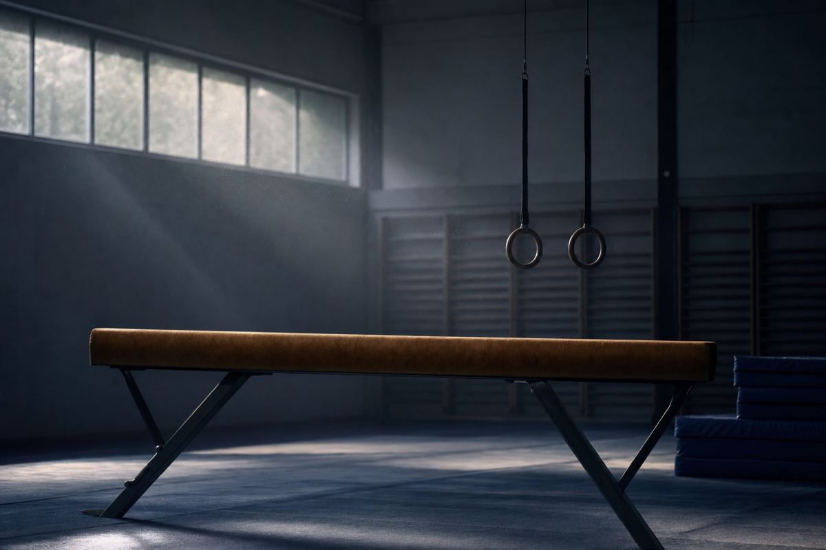 Leere Turnhalle im Morgenlicht mit Schwebebalken und Ringen