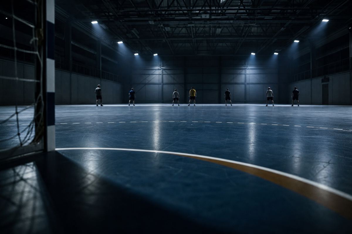 Handballangriff von hinter dem Tor auf Bodenhöhe fotografiert, sechs entfernte Feldspieler im Bogen über die gegnerische Hälfte verteilt