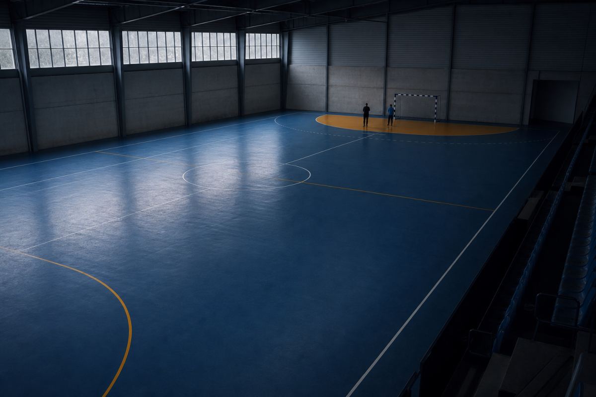 Komplettes Handballfeld von einer hohen Seitentribüne aus fotografiert, die Linienführung als Geometrie auf blauem Hallenboden erkennbar